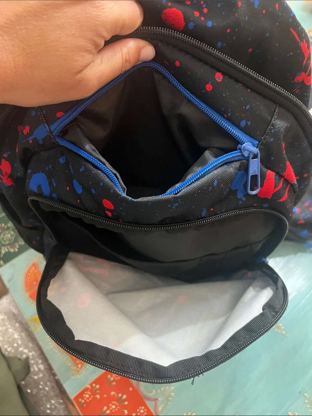 adidas Black Backpack with Red & Blue Paint Splatter